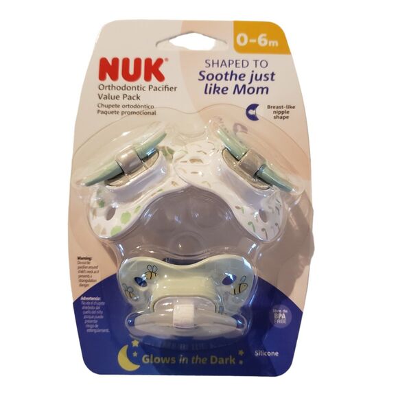 Pacifier Newborn Baby NUK Orthodontic Value Pack 0-6m Green Glow In The Dark New - Picture 1 of 4